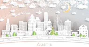 horizonte de la ciudad de austin texas en estilo de corte de papel con copos de nieve, luna y guirnalda de neón. vector