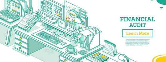 Financial Audit. Workplace of an Auditor or Accountant. Isometric Business Concept. vector