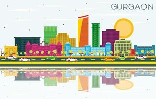 Gurgaon India City Skyline with Color Buildings, Blue Sky and Reflections. vector