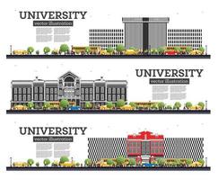 conjunto de campus universitario. estudiar pancartas aisladas en blanco. ilustración vectorial los estudiantes van al edificio principal de la universidad. vector