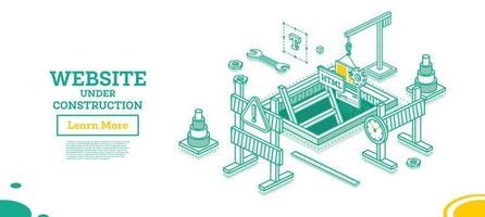 Web Page of Website Under Construction. Isometric Outline Concept. vector