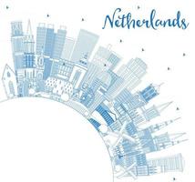 Outline Netherlands Skyline with Blue Buildings and Copy Space. vector