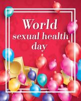 World Sexual Health Day. Card with Flying Balloons, Condoms and White Frame on Red Background. vector