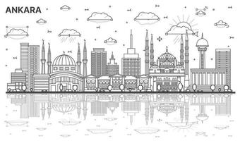 Outline Ankara Turkey City Skyline with Historic Buildings and Reflections Isolated on White. vector