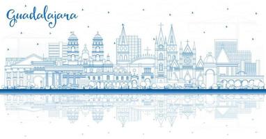 Outline Guadalajara Mexico City Skyline with Blue Buildings and Reflections. vector