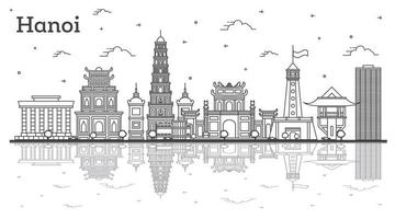 delinear el horizonte de la ciudad de hanoi vietnam con edificios modernos y reflejos aislados en blanco. vector