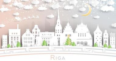 horizonte de la ciudad de riga letonia en estilo de corte de papel con copos de nieve, luna y guirnalda de neón. vector