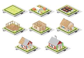 Isometric House Construction Phases Isolated on White. Stages from Plan to Finished Building. vector