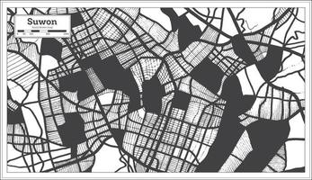 mapa de la ciudad de suwon corea del sur en color blanco y negro en estilo retro. vector