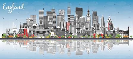 England City Skyline with Gray Buildings, Blue Sky and Reflections. vector