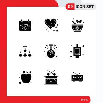 Mobile Interface Solid Glyph Set of 9 Pictograms of structure data architecture heart business flowchart Editable Vector Design Elements