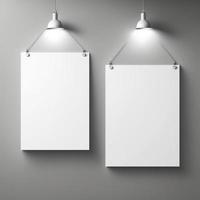 Blank posters hanging with shadows, Hanging white paper on binders, A4 paper page, mockup, sheet on wall photo