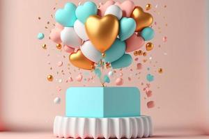 podium decoration with heart shape balloon, confetti, 3D rendering illustration photo