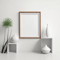 wooden frame mockup in white home interior with minimal decoration, 3D rendering, illustration photo