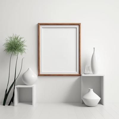 wooden frame mockup in white home interior with minimal decoration ...