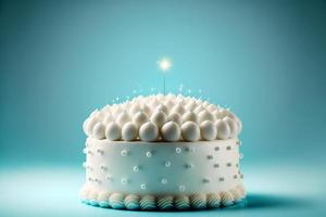 White birthday cake with candles over blue background, blank empty space photo