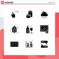 Set of 9 Commercial Solid Glyphs pack for notification alarm crypto currency bug weather Editable Vector Design Elements