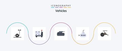 Paquete de 5 iconos planos de vehículos que incluye. transportación. militar. bicitaxi. submarino vector