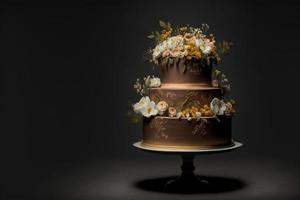 three tiered cake with flowers on a plate on a table with a dark background and a brown backdrop behind it, blank empty space photo