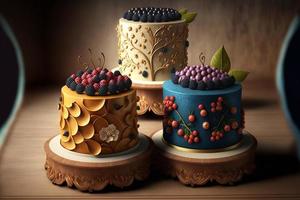 Tiered Cakes 3 layer on wooden table photo