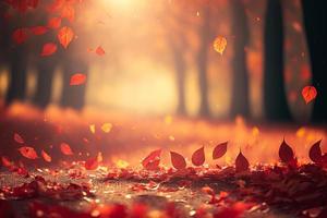 hojas rojas cayendo en el bosque, fondo otoñal desenfocado con luz solar foto