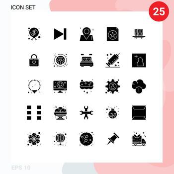 Pack of 25 Modern Solid Glyphs Signs and Symbols for Web Print Media such as archive file next favorite world Editable Vector Design Elements