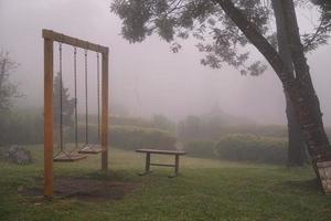 Swing under trees in the garden with mist and foggy background. Empty playground for horror scene. photo