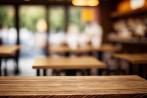 Wooden board empty table in front of blurred background photo