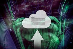 Cloud storage, data access, login and password request window on server room background. Internet and technology concept. photo