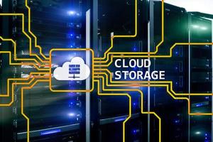 Cloud data storage concept on server room background. photo