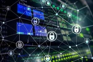 Cyber security, information privacy, data protection concept on modern server room background. Internet and digital technology concept. photo