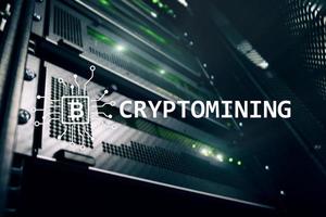 Cryptocurrency mining concept on server room background. photo