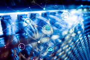 ICT - information and telecommunication technology and IOT - internet of things concepts. Diagrams with icons on server room backgrounds. photo