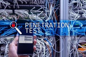 Penetration test. Cybersecurity and data protection. Hacker attack prevention. Futuristic server room on background. photo