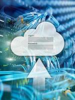 Cloud storage, data access, login and password request window on server room background. Internet and technology concept. photo