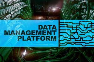 Data management and analysis platform concept on server room background. photo
