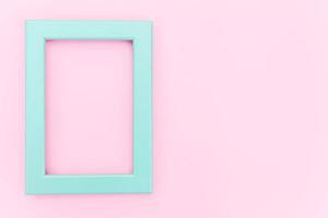 Simply design with empty blue frame isolated on pink pastel colorful background. Top view, flat lay, copy space, mock up. Minimal concept. photo