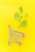 Ecology eco products health food vegan vegetarian concept . Small supermarket grocery push cart for shopping with green lettuce leaves isolated on yellow colourful trendy background. Copy space. photo