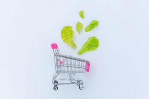 Ecology eco products health food vegan vegetarian concept . Small supermarket grocery push cart for shopping with green lettuce leaves isolated on white background. Flat lay top view copy space. photo