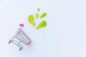 Ecology eco products health food vegan vegetarian concept . Small supermarket grocery push cart for shopping with green lettuce leaves isolated on white background. Flat lay top view copy space. photo