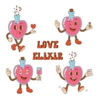 Set groovy cartoon characters of love elixir in 60s - 70s retro style. Valentines day concept. vector