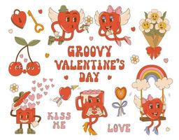 Set trendy groovy valentines day with retro cartoon characters in 60s - 70s style. vector