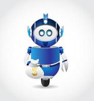 blue robot with one tire and claw holding money bag vector