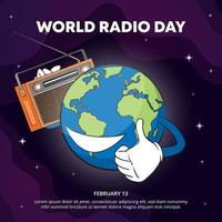 World radio day background with a world globe holding a radio receiver vector