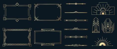 Collection of geometric art deco ornament. Luxury golden decorative elements with different lines, frames, headers, divider and border. Elegant vector set design for card, invitation, poster, banner.