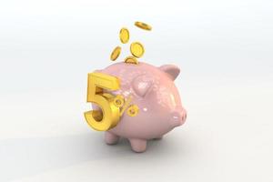 3D piggy bank with golden coin and number 5 photo