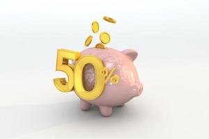 3D piggy bank with golden coin and number 50