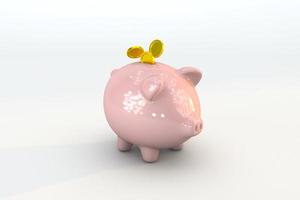 Piggy bank with floating coin. Finance saving money. 3d render photo