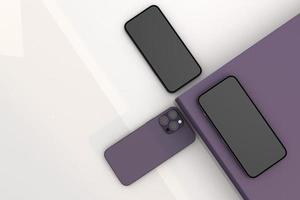 Three phone pro. 3d smartphone purple ideal for mockup display photo