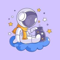 Astronaut sitting in a cloud looking at outer space in a jar